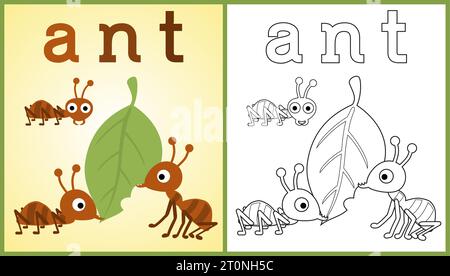 vector cartoon of working ants carrying leaf, coloring book or page Stock Vector