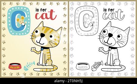 vector cartoon of funny cat with mice, pets elements, learn to spelling , coloring book or page Stock Vector