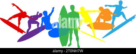 Surfers Surfing on Surf Boards Silhouettes Concept Stock Vector