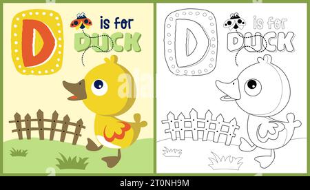 vector cartoon of duckling with a ladybug, coloring book or page Stock Vector