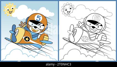 vector cartoon of cute bear pilot on airplane with smiling sun behind clouds, coloring book or page Stock Vector