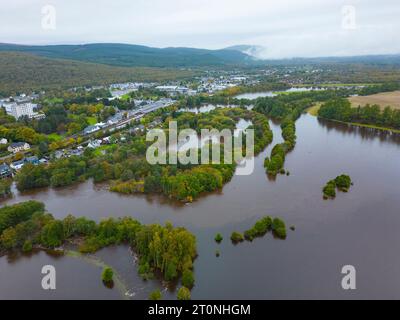 Aviemore, Scotland, UK. 8th October 2023. Views of the River Spey which today broke its banks  and caused flooding in Aviemore after prolonged heavy rain. Several houses were affected by the floodwater.  Iain Masterton/Alamy Live News Stock Photo