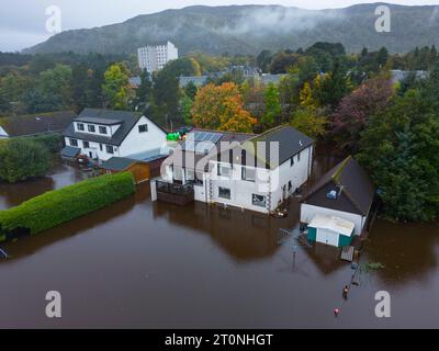 Aviemore, Scotland, UK. 8th October 2023. Views of the River Spey which today broke its banks  and caused flooding in Aviemore after prolonged heavy rain. Several houses were affected by the floodwater.  Iain Masterton/Alamy Live News Stock Photo