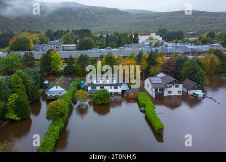 Aviemore, Scotland, UK. 8th October 2023. Views of the River Spey which today broke its banks  and caused flooding in Aviemore after prolonged heavy rain. Several houses were affected by the floodwater.  Iain Masterton/Alamy Live News Stock Photo