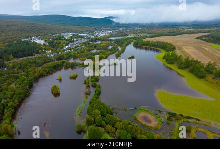 Aviemore, Scotland, UK. 8th October 2023. Views of the River Spey which today broke its banks  and caused flooding in Aviemore after prolonged heavy rain. Several houses were affected by the floodwater.  Iain Masterton/Alamy Live News Stock Photo