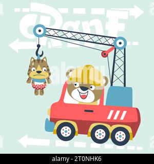 vector cartoon illustration of cute bear on crane truck with kitten Stock Vector