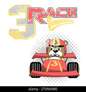 vector cartoon illustration of funny bear on racing car Stock Vector