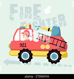 vector cartoon illustration of firetruck with fireman Stock Vector