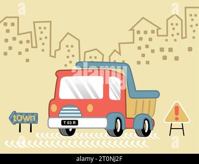 Red truck with road sign on buildings background, vector cartoon illustration Stock Vector