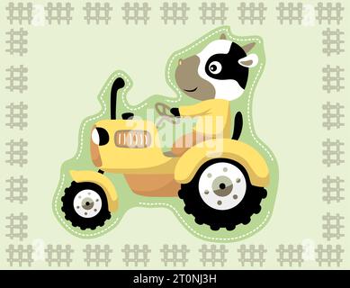 Funny cow driving tractor on fence frame border, vector cartoon illustration Stock Vector
