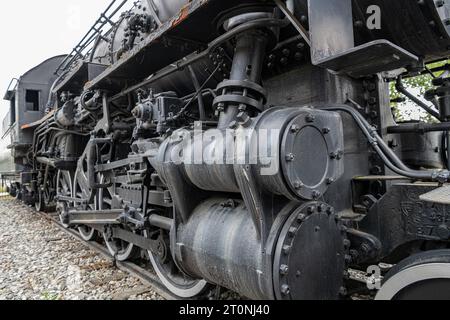 The mechanics off Alaska Railroad S-160 class 0-8-0 Locomotive 556 on display in Delaney Park, Anchorage, Alaska, USA Stock Photo