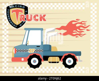 vector cartoon illustration of racing truck with flames Stock Vector