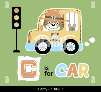 vector cartoon of funny cat the sheriff, driving prisoner vehicle catch with a criminal mice Stock Vector