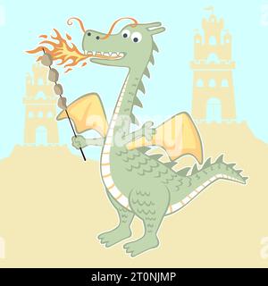 Funny dragon roasting meat with breathing fire on castle tower background, vector cartoon illustration Stock Vector