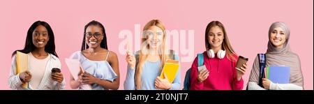 Education. Group Of Smiling Multiethnic Female Students Posing Together On Pink Background Stock Photo