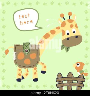 Vector cartoon of funny giraffe with bird on fence in footpath frame border Stock Vector