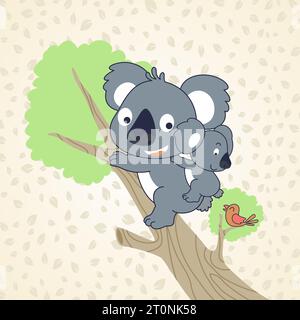 Funny koala with it cub climbing  tree on leaves background pattern, vector cartoon illustration Stock Vector