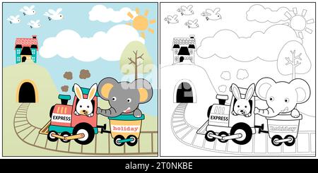 vector cartoon of cute rabbit with elephant on steam train, coloring book or page Stock Vector