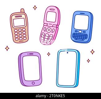 Mobile phone evolution, cute cartoon drawing set. Hand drawn doodles of retro cellphone, flip phone and modern smartphone devices. Vector illustration Stock Vector