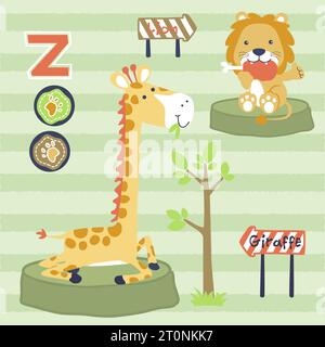 Funny giraffe eat leaves, lion eat meat, vector cartoon illustration Stock Vector