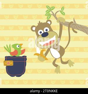 vector cartoon of cute monkey hanging in tree branches while holding banana, bird in pocket on striped banana background Stock Vector