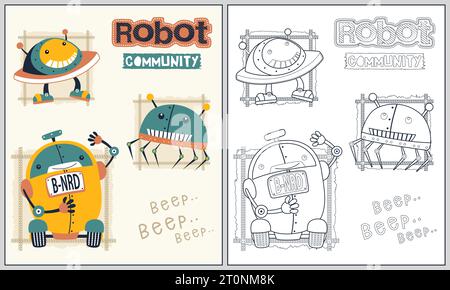 set of funny robots, vector cartoon illustration, coloring book or page Stock Vector