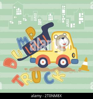 cute bear driving dump truck on buildings background, vector cartoon illustration Stock Vector