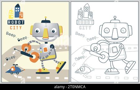 funny robot holding remote control, vector cartoon illustration, coloring book or page Stock Vector