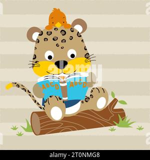vector cartoon of cute leopard sitting on tree trunk with little bird reading a book Stock Vector