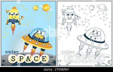 Funny alien on spaceship with funny rocket, vector cartoon illustration, coloring book or page Stock Vector