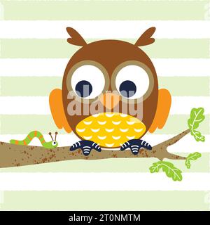 vector cartoon of cute owl with caterpillar on tree branches Stock Vector