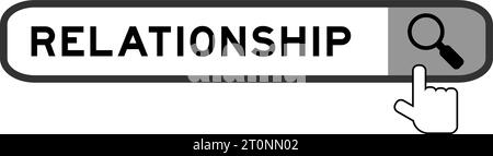 Search banner in word relationship with hand over magnifier icon on white background Stock Vector
