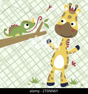 Funny giraffe with chameleon hunting dragonfly, vector cartoon illustration Stock Vector