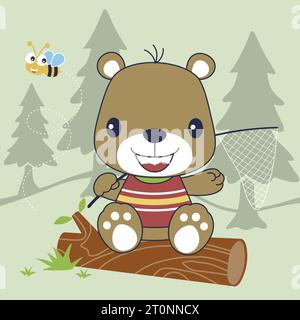 Little bear sitting on tree trunk while holding fish net with a bee, vector cartoon illustration Stock Vector
