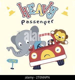 Cute elephant with little monkey on car, cartoon vector illustration Stock Vector