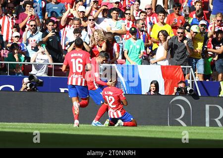 Madrid, Spain. 08th Oct, 2023. Atletico´s Lino celebrates during La Liga EA Sports Match Day 9 between Atletico de Madrid and Real Sociedad at Civitas Metropolitano Stadium in Madrid, Spain, on October 8, 2023. Credit: Edward F. Peters/Alamy Live News Stock Photo