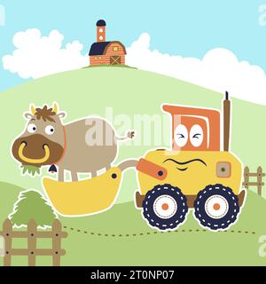 Cartoon vector illustration of funny cow on tractor, farm field elements Stock Vector