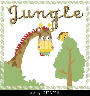 Funny giraffe with monkey in jungle on leaf frame border, vector cartoon illustration Stock Vector