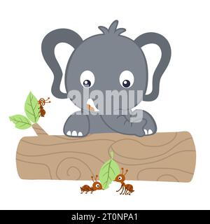 little elephant with ants on tree trunk, vector cartoon illustration Stock Vector