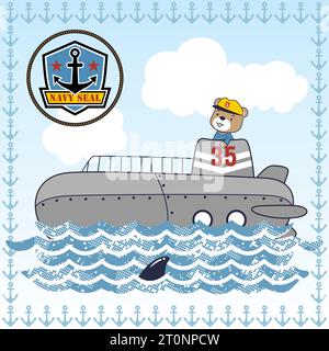 Cute bear on submarine with navy seal logo on blue sky background in anchor frame border, vector cartoon illustration Stock Vector
