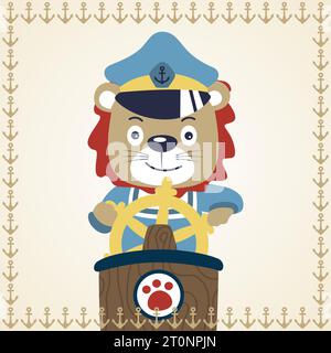 Funny lion in sailor costume on anchor frame border, vector cartoon illustration Stock Vector