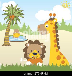 funny animals in forest on blue sky background, vector cartoon illustration Stock Vector
