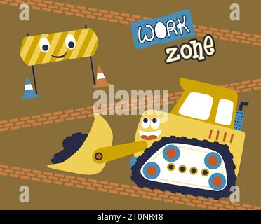 Vector cartoon illustration of funny bulldozer with construction signs Stock Vector