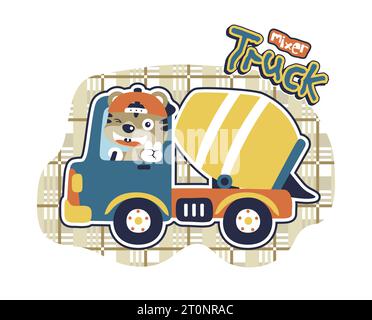 funny cat driving mixer truck, vector cartoon illustration Stock Vector