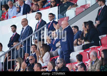 Adriano Galliani (AC Monza) claps his hands to AC Monza supporters  during  AC Monza vs US Salernitana, Italian soccer Serie A match in Monza, Italy, October 08 2023 Stock Photo