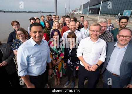 Scottish Labour leader Anas Sarwar (left) welcomes newly elected MP for Rutherglen and Hamilton West Michael Shanks (second right) to the Labour Party conference in Liverpool. Picture date: Sunday October 8, 2023. Stock Photo