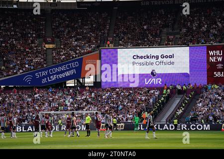 The large stadium screen showing a VAR check for West Ham United's ...