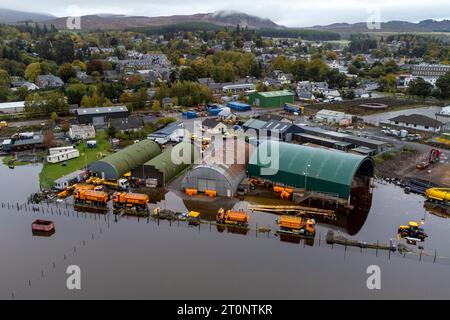 The River Spey in flood at Kingussie near Aviemore. Those in the north of Scotland have been warned there is still a 'risk to life' from severe flooding while people in the south of the UK will have dry and warm conditions. Picture date: Sunday October 8, 2023. Stock Photo