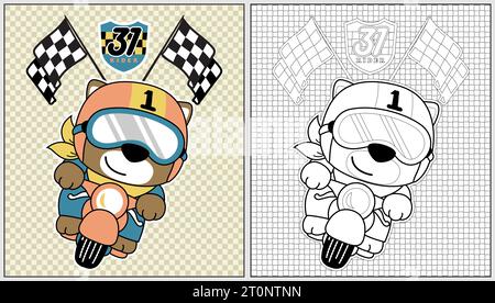 Cartoon vector of funny cat riding motorbike, motor racing element, coloring book or page Stock Vector