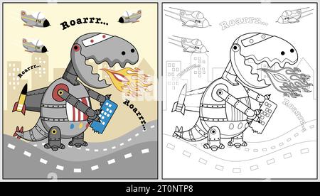 Dinosaur robot attack city with airplane, vector cartoon illustration, coloring book or page Stock Vector